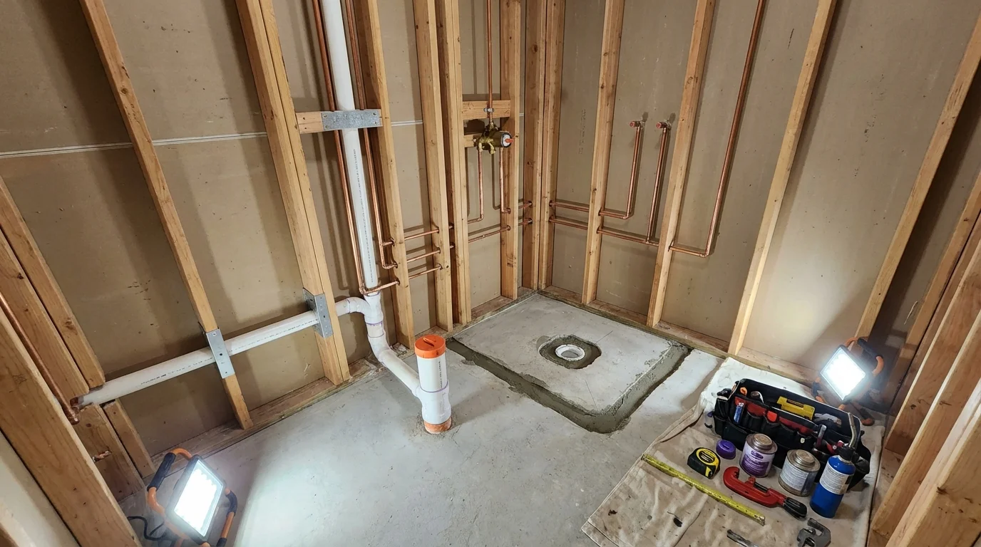 Bathroom rough-in plumbing during remodel by Johns Plumbing LLC in San Mateo