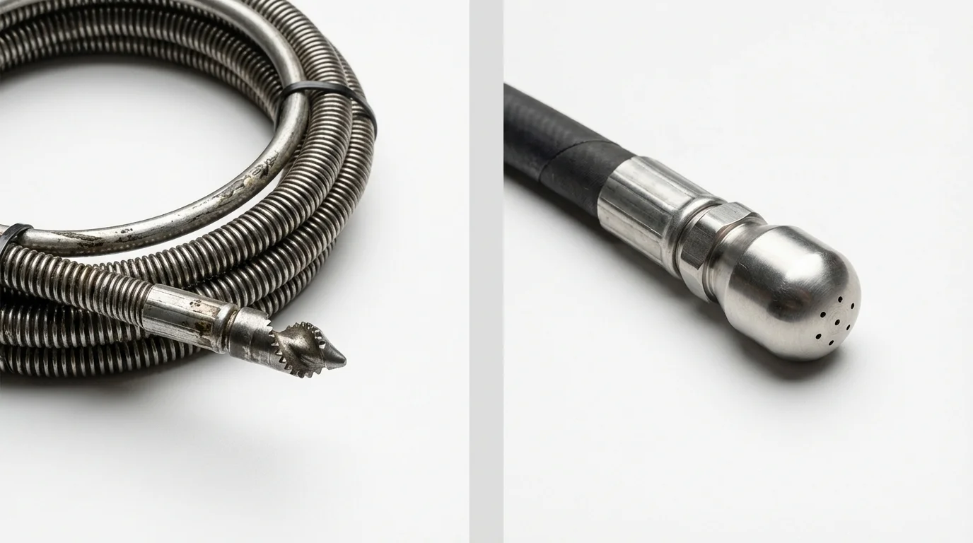 Drain snake cable and hydro jetting nozzle used for drain cleaning in San Mateo, CA
