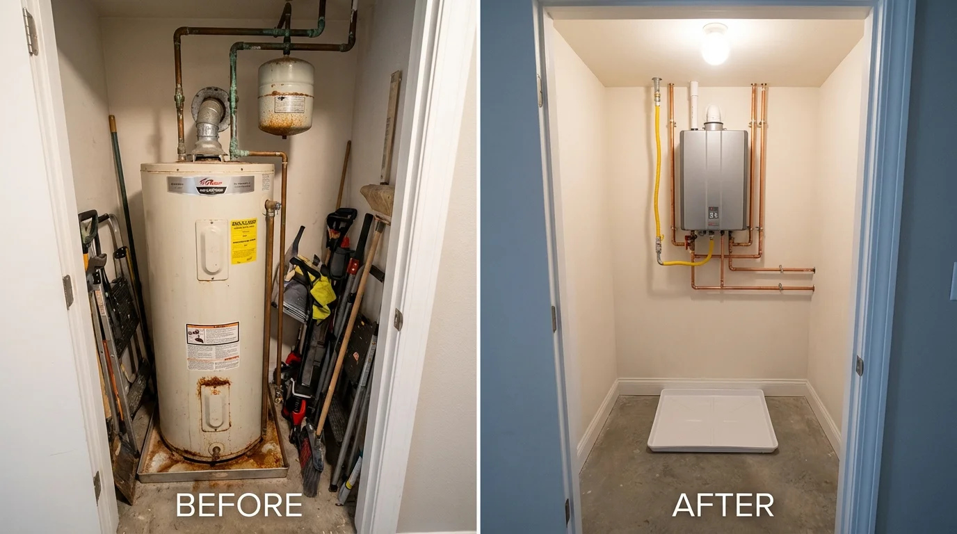 Tank water heater versus wall-mounted tankless unit comparison for San Mateo, CA homeowners