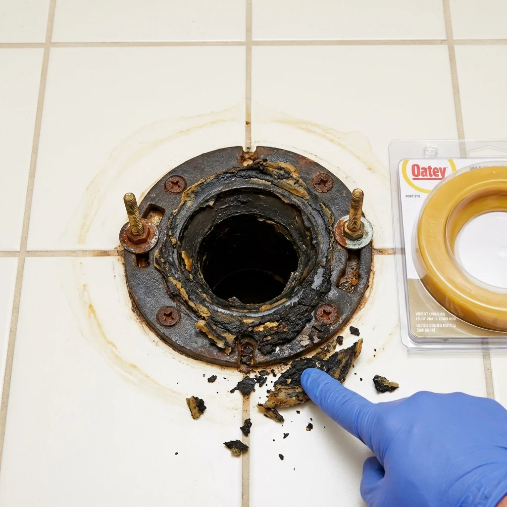 Failed wax ring showing water seepage at the base of a toilet in a San Mateo, CA home